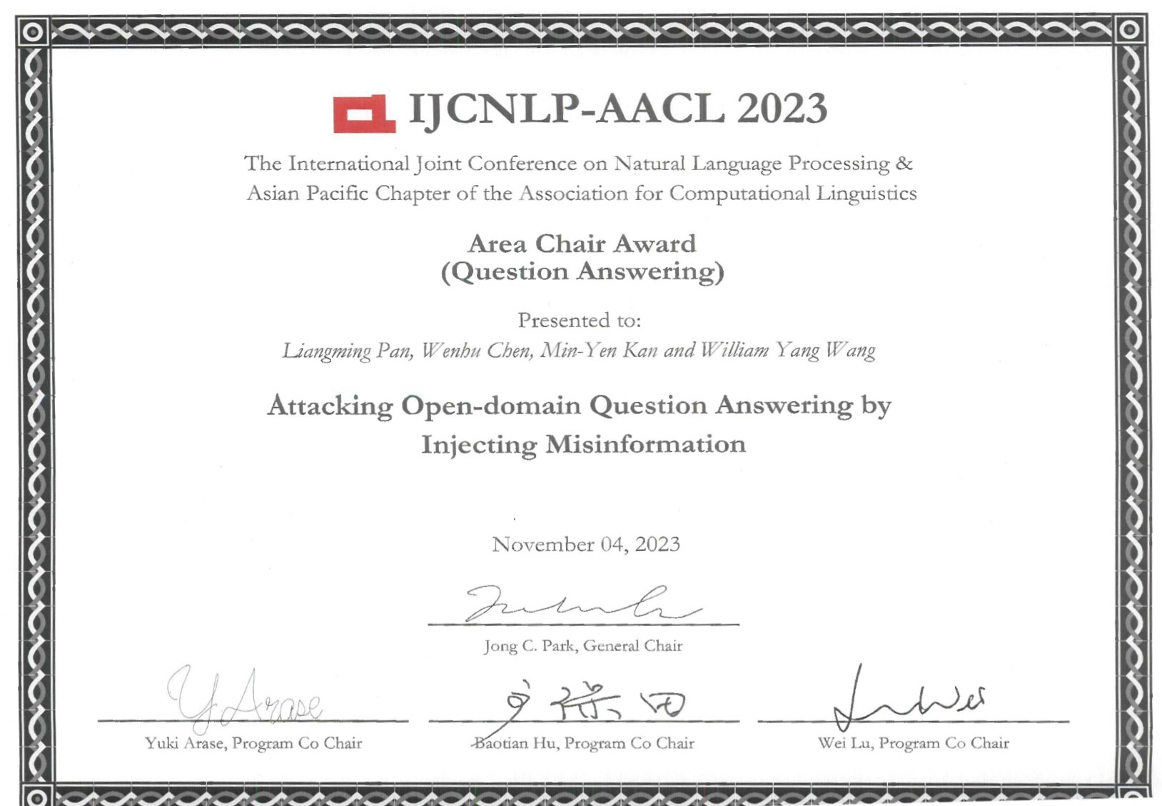 Our Paper Receives Area Chair Award at IJCNLP-AACL 2023