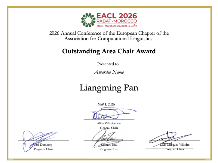 Liangming Pan Receives Outstanding Area Chair Award at EACL 2026