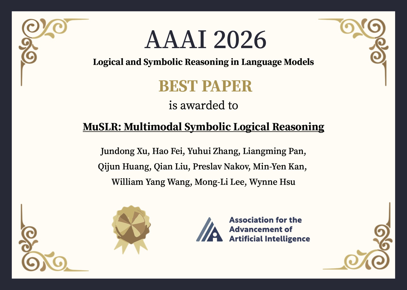Our Paper Receives Best Paper Award at AAAI 2026 Bridge Program on Logical and Symbolic Reasoning in Language Models