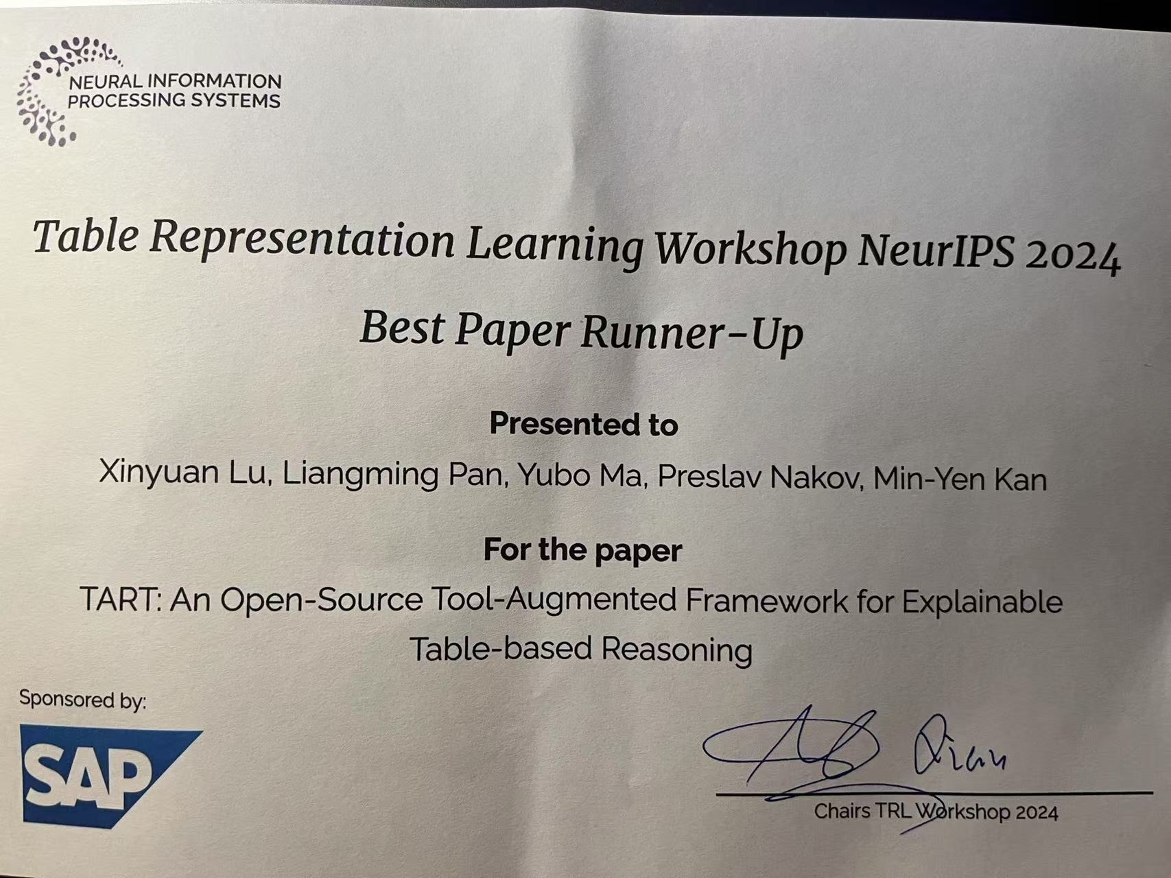 Our Paper Receives Best Paper Runner-Up at NeurIPS 2024 TRL Workshop
